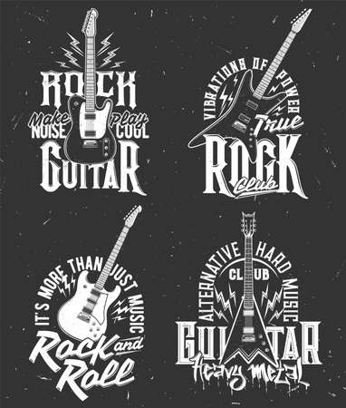 Rock music t-shirt prints with guitar, heavy metal concert vector emblems. Hard rock festival and rockers music club badge with slogan quotes on electric guitar, black grunge emblemsのイラスト素材
