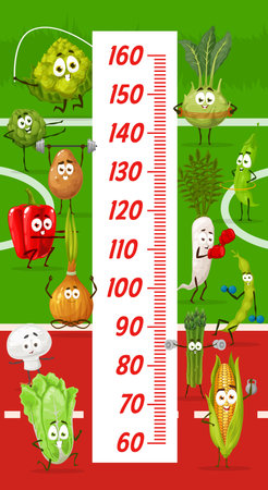 Kids height chart with cartoon vegetable athletes at stadium. Height measure meter, kids growth...