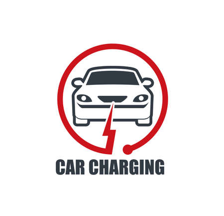 Electric car charging station vector icon with battery charger plug. Electric motor vehicle or EV auto symbol with eco energy and environment friendly car in frame of charging cable and lightning boltのイラスト素材