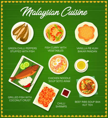 Malaysian food menu page template. Chilli peppers stuffed with fish, fish curry and vanilla pie Kuih Bakar Pandan, Soto Ayam soup, grilled fish with coconut and chilli shrimps, soup Bak Kut Tehのイラスト素材