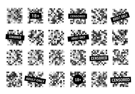Censor monochrome mosaic pixel blur vector bars. Censorship blurred adult content or nudity with censored, adult only and 18 plus black signs, pixelation effect of monochrome square for photo or videoのイラスト素材