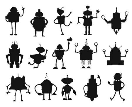 Robots and droids silhouettes of artificial intelligence toys. Isolated vector black robots, bots, droids and cyborgs with antennas on heads, spring legs, wheels and manipulator arms, AI technologiesのイラスト素材