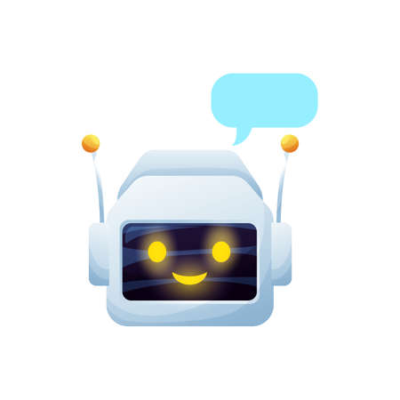 Robot chat bot virtual online support operator isolated cartoon character with antennas. Vector voice talk support service chat bot, virtual online help speech bubble message. Customer application botのイラスト素材