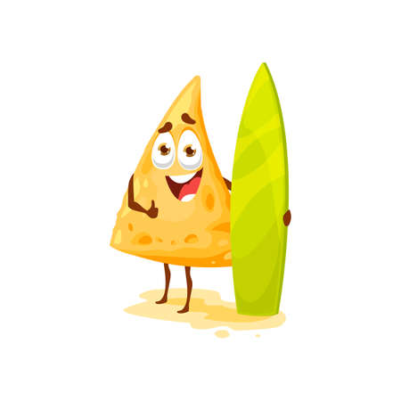 Happy smiling cartoon nachos with surfing board on beach isolated cute character emoticon, mexican fastfood snack. Vector summer holidays of crispy chips, vacation sport activities, tasty foodのイラスト素材