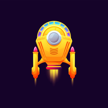 Ufo ship or rocket, fantasy galaxy exploration jet isolated yellow cartoon starship. Vector...