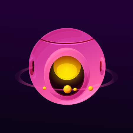 Cartoon space cyber planet with core and rings, vector fantasy galaxy world. Cyber sci-fi fantastic planet or alien earth for futuristic game with Saturn rings and satellites in galactic universeのイラスト素材