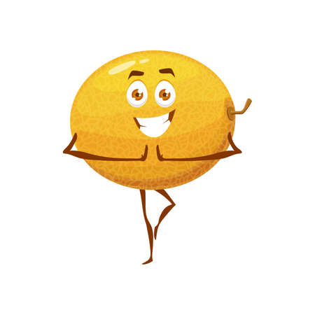 Cheerful ripe melon character staying in yoga pose. Happy smiling farm fruit cartoon character, cute melon isolated vector character doing fitness exercise or practicing yogaのイラスト素材
