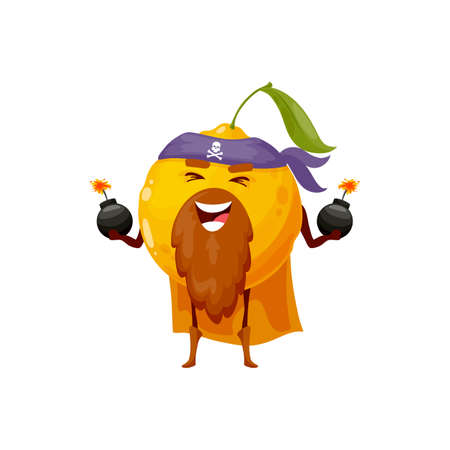Yellow citrus lemon fruit in bandana with bombs laughing pirate with beard isolated cartoon character mascot. Vector juicy lemon, tropical citron, ripe sour fruit pirate, corsair or buccaneerのイラスト素材