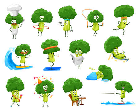 Cartoon funny broccoli vegetable isolated characters activity, sports recreation. Vector broccoli veggies workout in gym, on beach, surfing on sea wave and drinking cocktail. Healthy sport lifestyleのイラスト素材