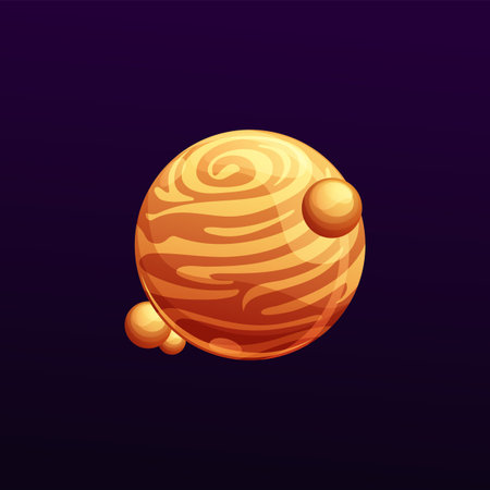 Striped galaxy planet with satellites. Cartoon space object with striated brown surface. Vector...