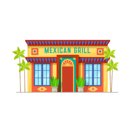 Mexican cuisine restaurant building icon. Mexican fast food, grill cafe vector facade, mexican cuisine food street restaurant entrance door with ethnic ornaments on wallsのイラスト素材