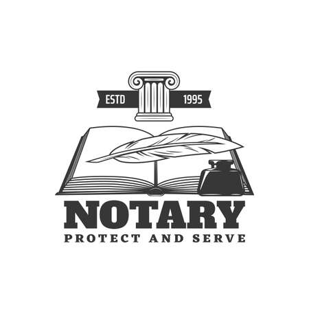 Notary icon with book, quill feather and inkwell. Juridical firm office retro emblem, law authority service monochrome vector symbol or icon, justice company vintage signのイラスト素材