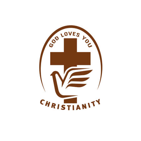 Christianity religion icon with dove bird and cross. Christian confession, church or mission icon. Christian commune vector symbol with Holy Spirit bird silhouette symbol and crossのイラスト素材