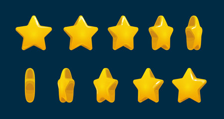Golden star rotate animation, animated game sprite. Vector gold ui rate stars sequence frame, gui...
