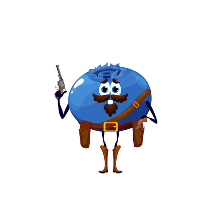 Cartoon blueberry cowboy character, western berry character with guns. Vector bilberry robber or gangster, funny bandit or ranger isolated fantasy huckleberry adventurer characterのイラスト素材