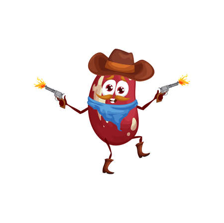 Cartoon bean robber or bandit character. Funny vector red kidney cowboy or ranger wear hat and boots shoot with guns. Isolated fantasy character, healthy food game or book brave adventurer characterのイラスト素材