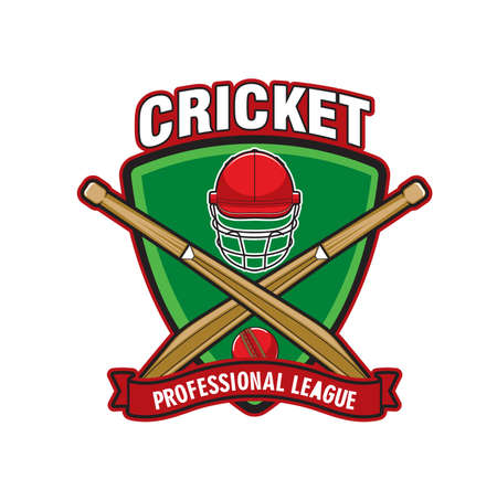 Cricket game icon with crossed bat, helmet and ball. Cricket sport professional league team or club, game tournament or championship vector badge, label or sticker with cricketer player, batter gearのイラスト素材