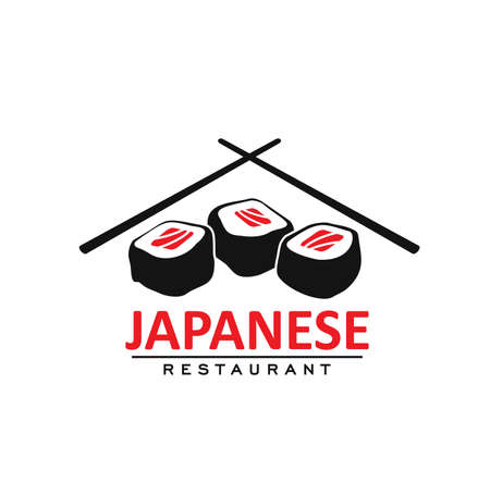 Japanese cuisine restaurant icon with rolls and sticks, vector Asian sushi bar sign. Japanese sushi maki and sashimi rolls restaurant emblem with chopsticks for menu cover of Asian food dishes, mealsのイラスト素材