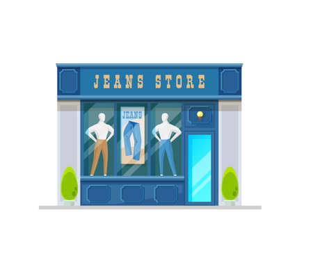 Jeans clothing shop building storefront. City street store, mens clothing shop classic, retro design showcase with mannequin or dummy in jeans pants. local business commercial property buildingのイラスト素材