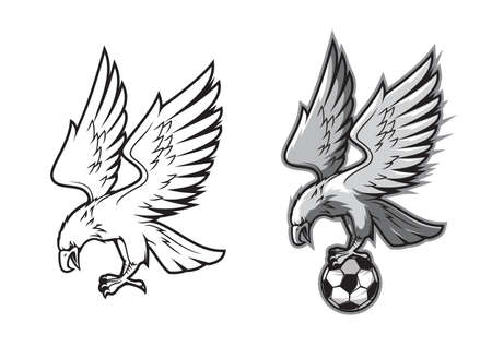 Eagle mascot with soccer football ball. Vector eagle, hawk or falcon bird holding soccer ball with claws and talons, sport club or team cartoon mascot with heraldic animal or bird of preyのイラスト素材