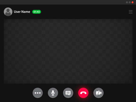 Videocall interface, video chat and conference call screen, vector phone app UI template. Video call and web chat teleconference screen background for mobile phone or computer with call buttonsのイラスト素材