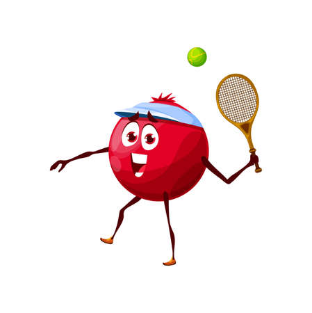 Cartoon funny cranberry playing tennis, vector sportsman berry character with racket and ball doing sport exercises. Isolated champion plant workout with paddle. Healthy food, sports game, lifestyleのイラスト素材