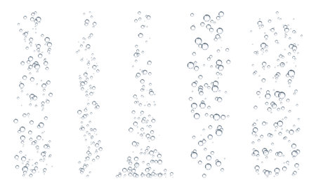 Fizz underwater bubbles, soda, water or oxygen air dynamic aqua effervescent rising up. Vector fizzing champagne, lemonade, carbonated beverage drink design elements, isolated realistic gas bubblesのイラスト素材