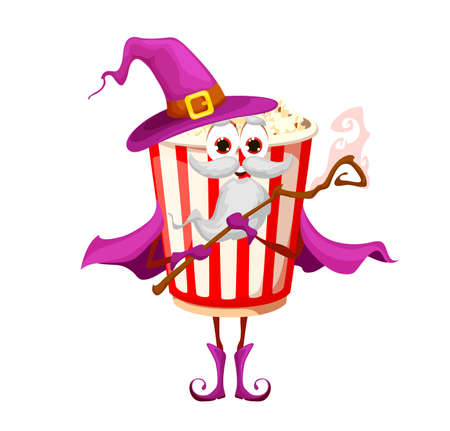 Cartoon popcorn wizard character. Cute fast food takeaway meal mage character with magic scepter or staff, vector happy smiling sorcerer popcorn bucket personage wearing hat, cloak and bootのイラスト素材