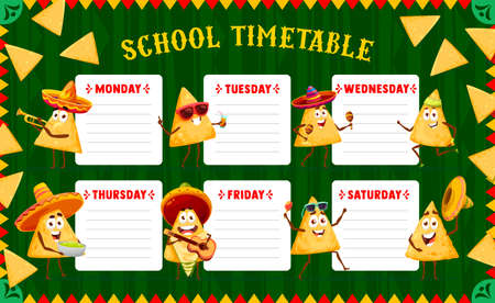 Timetable schedule cartoon mexican nachos chips characters. Education vector school classes planner with tex mex food personages in sombrero playing instruments and fun. kids time tableのイラスト素材