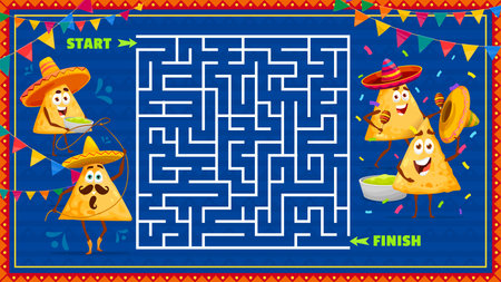 Cartoon mexican nacho chips characters. Labyrinth maze, kids educational riddle or quiz worksheet with mexican fast food shacks, nachos chips cowboy and musician funny personages in sombrero hatsのイラスト素材