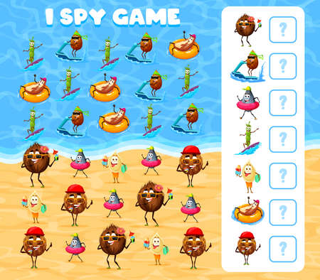 I spy game. Cheerful nuts on summer vacation. Child math riddle, children counting vector puzzle with calculation activity. Kids educational quiz with coconut, pumpkin and sunflower seed, almondのイラスト素材