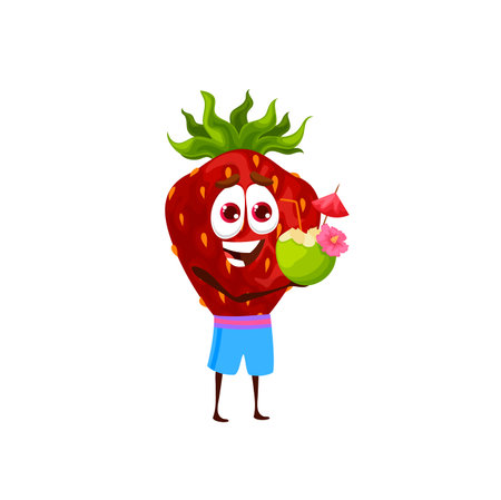 Cartoon strawberry character with coconut cocktail. Vector cheerful berry drink tropical fruit beverage. Strawberry in swimming shorts relax on the beach or pool. Funny character fun on summer vacationのイラスト素材