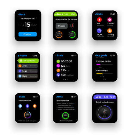 Fitness tracker or smart watch, display screen interface. Vector bracelets, smartwatches, gadgets mockup for monitoring health parameters heartbeat, calories, steps and time, modern electronic devicesのイラスト素材