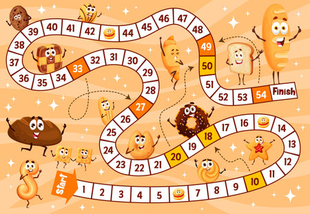 Kids board game. Cartoon bakery and cookies characters. Child roll and move game, children playing...