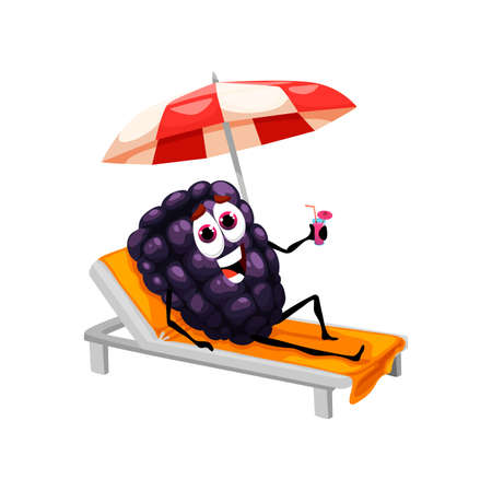 Cartoon blackberry character on beach lounger. Vector fresh bramble plant relax on tropical resort under umbrella with fresh cocktail in hand. Dewberry tanning and relax at the pool, character on vacationのイラスト素材