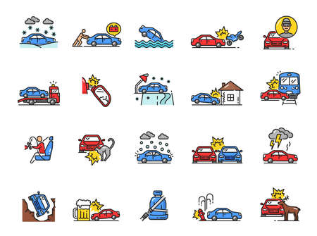 Car crash line icons, damage, collision, failure, obstacle, disaster of auto insurance vector symbols. Color linear broken vehicles, automobiles and motorcycle, road traffic accidents, weather damageのイラスト素材