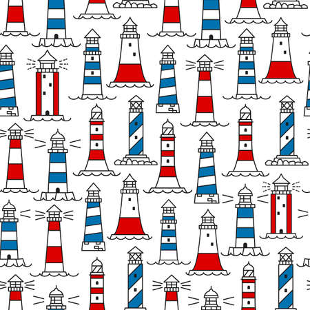 Lighthouse and beacon seamless pattern, nautical background with vector buildings of sea or ocean lighthouses. Marine beach towers with blue, red and white stripes, waves and seaside rocks backdropのイラスト素材