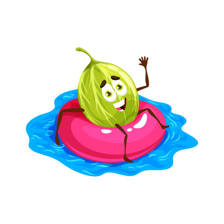 Cartoon gooseberry character on floater ring. Vector fresh garden berry relax in pool or tropical sea beach floating on inflatable tire on ocean waves. Funny plant kids menu characterのイラスト素材