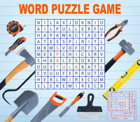 DIY and repair tools word search puzzle quiz game worksheet. Vector cartoon hammer, pliers, spatula and tape measure, shovel, saw, ax and knife, wrecking bar, word maze of building or carpentry toolsのイラスト素材