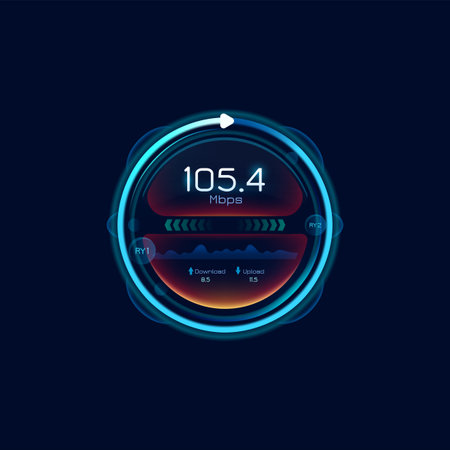 Internet speed futuristic meter. Network bandwidth indicator, Wi Fi signal strength dial display or...