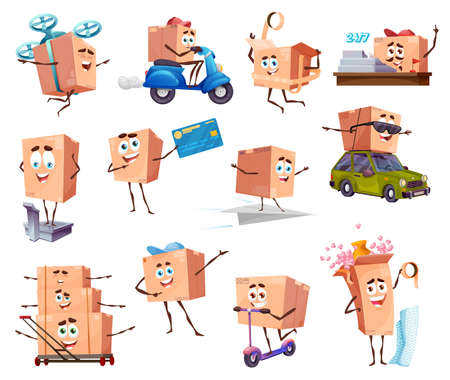 Cartoon packages and cardboard box characters. shipping and delivery. Vector parcel characters on scooter, drone, car and trolley. Isolated funny pack weighing, cashier worker and wrapping with tapeのイラスト素材