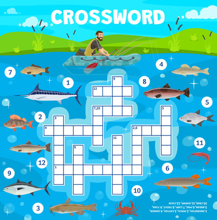Fish and fishing sport, crossword puzzle game grid, quiz worksheet. Vector riddle with fisherman on boat catch swordfish, perch, catfish, zander, bream, pike, carp, trout, tuna, crab, shrimp and chumのイラスト素材