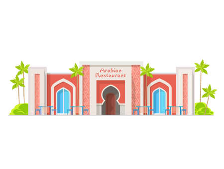 Arabian cuisine restaurant building icon, Eastern Asia food cafe architecture, vector. Middle East Arabic cuisine restaurant, Turkish or Egyptian and Arabian traditional authentic house facadeのイラスト素材