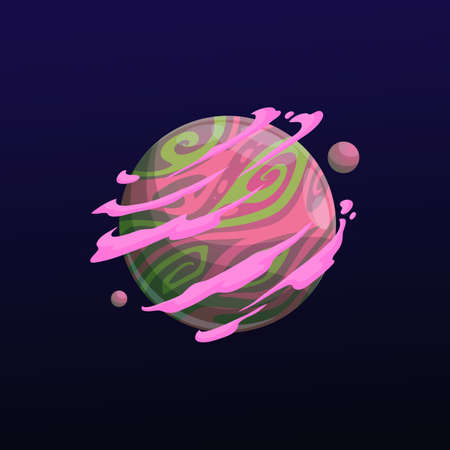 Cartoon galaxy planet with pink clouds, fantasy space earth with rings, vector game object. Fantastic galaxy planet or alien satellite with pink clouds or stars and craters from meteoritesのイラスト素材