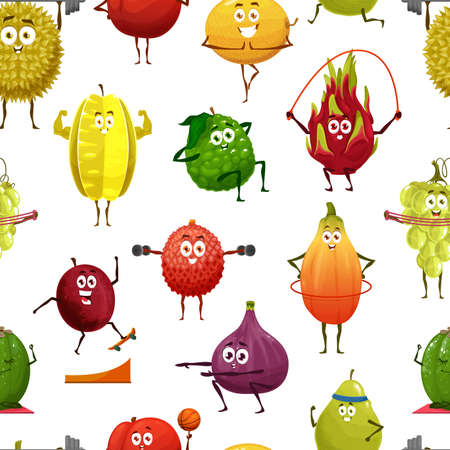 Cartoon funny fruit sportsman and athlete characters seamless pattern, vector background. Tropical fruits on fitness and sport pattern, papaya with  hoop, litchi on skateboard and durian in gymのイラスト素材