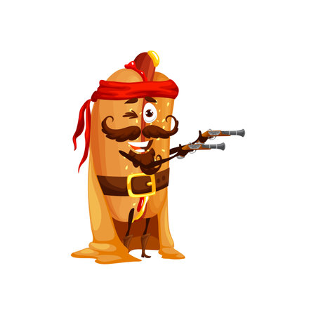 Cartoon funny hotdog pirate character. Funny vector fast food corsair wear red bandana and cape wink eye aiming with guns into target. Hotdog junk meal game or book character, fastfood dish filibusterのイラスト素材