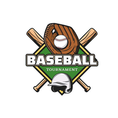 Baseball sport icon with leather glove, ball and bats. Baseball sport game sticker, professional league tournament vector icon or symbol. Baseball sport team vintage badge with player equipmentのイラスト素材
