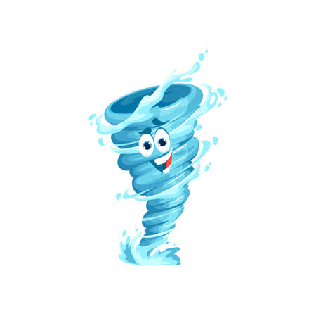 Cartoon tornado character, storm, whirlwind twister or cyclone vector emoji with happy smiling face. Isolated funnel of hurricane wind, waterspout or tornado vortex personage, extreme weather emoticonのイラスト素材