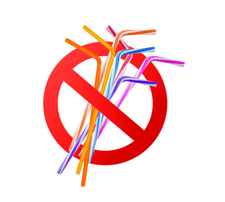 Forbidden plastic straw, vector prohibition sign. Red ban with cocktail tubes in crossed circle. Ecology protection realistic 3d design. Environmental pollution, waste and garbage recycle campaignのイラスト素材