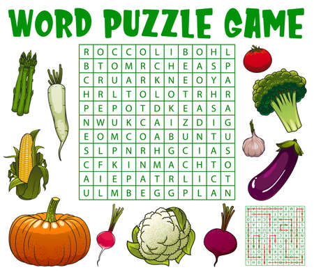 Cartoon raw vegetables word search puzzle game worksheet, kids quiz. Vector crossword grid with broccoli, tomato, beet and asparagus, radish, cauliflower, pumpkin, corn, or eggplant, garlic, daikonのイラスト素材
